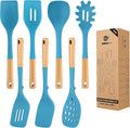 Silicone Kitchen Utensil Set for Non Stick Cookware, 7 Pcs Heat Resistant Cooking Utensils with Wooden Handle, BPA Free Kitchen Tools with Spatulas, Spoons, Skimmer and Pasta Fork (BLUE)-Ruum Studio Home