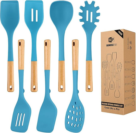 Silicone Kitchen Utensil Set for Non Stick Cookware, 7 Pcs Heat Resistant Cooking Utensils with Wooden Handle, BPA Free Kitchen Tools with Spatulas, Spoons, Skimmer and Pasta Fork (BLUE)-Ruum Studio Home