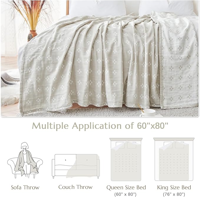 jinchan Boho 100% Cotton Blanket Muslin Twin Size 60x80 Inches Lightweight 3-Layer Geometric Cross Pattern Reversible Quilt Throw Soft Breathable Comfy All Seasons for Couch Bed Decor, Light Grey-Ruum Studio Home