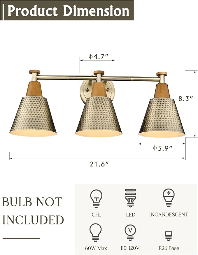 FEMILA Antique Brass Bathroom Vanity Light, 3-Lights Industrial Modern Wall Sconce Bathroom Lighting, Hammered Metal Shade Finish, 4FG59B-3W BG-Ruum Studio Home