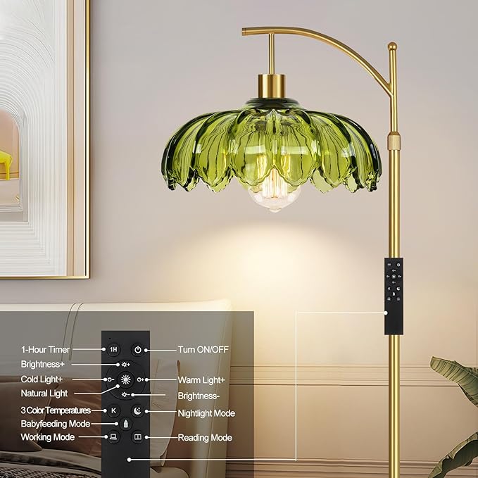 Gold Floor Lamps for Living Room Glass Vintage Floor Lamp with Remote Control,Dimmable Mid Century Modern Standing Lamp with 3 Color Temperature Tall Flower Lamp Brass Floor lamp for Bedroom Corner-Ruum Studio Home
