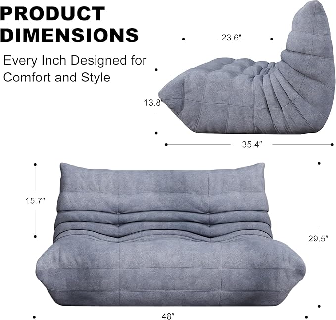 Full Foam Loveseat Sofa,Adults Bean Bag Chairs Floor Couch with Soft Waterproof Fabric,Armless Fireside Lounge Chair for Living Room,Apartment and Office (Grey)-Ruum Studio Home