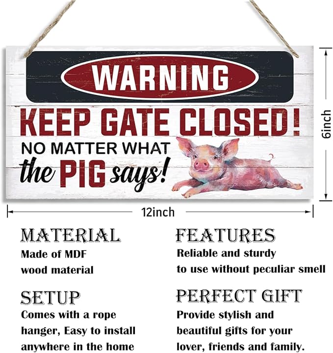 Rustic Warning Gate Plaque - Decorative Wooden Pig Sign for Farm Fence & Wall Gate Decor-Ruum Studio Home