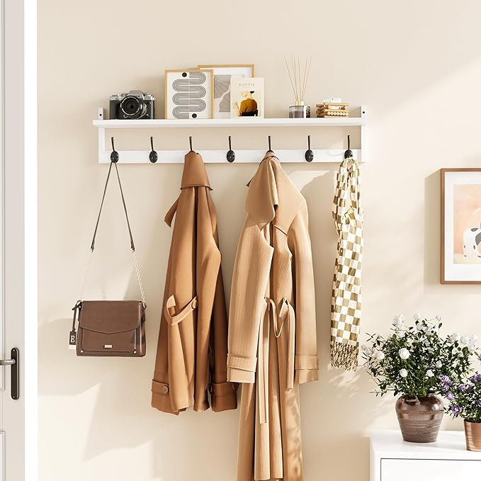 BAMEOS 35" L Wall Hooks with Shelf, Entryway Coat Hooks for Wall with Shelf, Wood Wall Hanging Shelf, Wall-Mounted Coat Rack with 7 Dual Metal Hooks for Bathroom, Kitchen, Living Room, Bedroom (White)-Ruum Studio Home