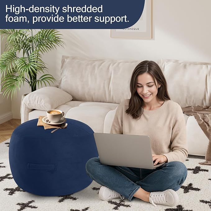 MeMoreCool Round Stuffed Pouf Ottoman Foot Rest, Floor Pouf Foot Stool with Soft Foam Chunk Filling, Small Round Ottoman Footstool Circle Footrest for Living Room, Navy-Ruum Studio Home