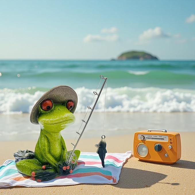 Frog Fishing Decor, Summer Garden Statues, Ocean Beach Decorations, Home Bookshelf Desktop Statues Shelves Bathroom Decorative Ornaments Gift (Frog Fishing)-Ruum Studio Home
