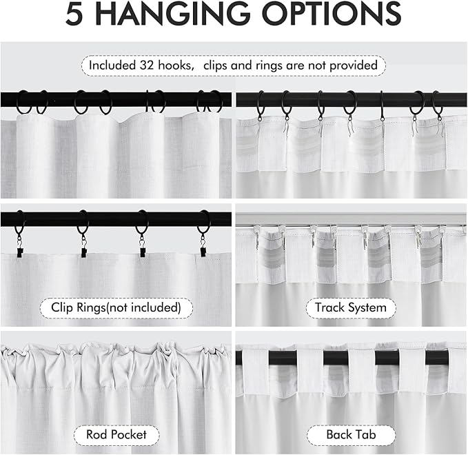 MIULEE 100% Blackout Curtains 90 Inch Long 2 Panels Set for Bedroom, Thick Faux Linen Black Out Curtain Room Darkening Back Tab Pleat Window Textured Drapes with Hooks for Living Room, Bright White-Ruum Studio Home