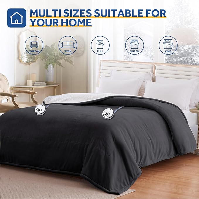 Sealy Electric Blanket King 100"*90",Super Cozy Flannel to Sherpa Reversible Heated Blanket King Size with 10 Heating Levels & 1-12 Hours Auto Off Overheating Protection Machine Washable,Charcoal-Ruum Studio Home