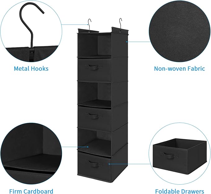 MAX Houser 6 Tier Shelf Hanging Closet Organizer, Closet Hanging Shelf with 2 Sturdy Hooks for Storage, Foldable (Black-D3)-Ruum Studio Home