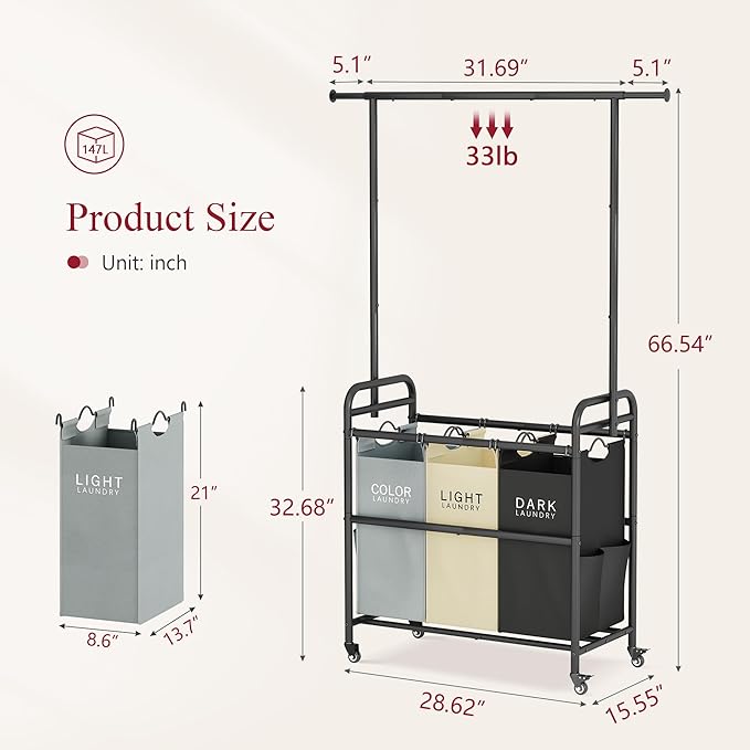 Tajsoon Laundry Sorter Cart with Hanging Clothes Rack, 3 Butler Sorter Basket Organizer, Laundry Hamper Cart with Heavy Duty Rolling Lockable Wheels, 3 Colors-Ruum Studio Home
