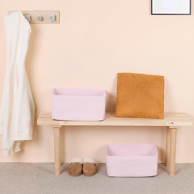 Large Storage Baskets for Shelves, Closet Organizers Bins for Clothes Blanket Towels, Baby Nursery, Toy Baskets Box, Woven Rope Baskets, 17 x 13 x 7.5”, 2 Packs Light Pink-Ruum Studio Home