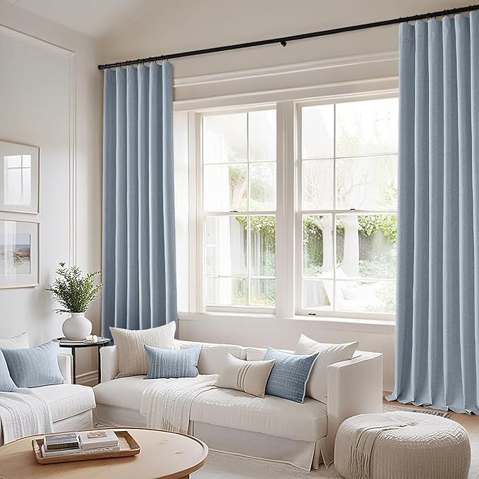 MIULEE 100% Blackout Curtains 90 Inch Long 2 Panels Set for Bedroom, Thick Faux Linen Black Out Curtain Room Darkening Back Tab Pleat Window Textured Drapes with Hooks for Living Room, Chambray Blue-Ruum Studio Home