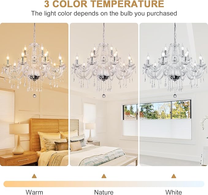 Modern Elegant 15 Lights K9 Crystal Glass Chandelier Pendant Ceiling Lighting European Style for Dining Living Room Bedroom Transparent,15 E12 Bulbs Required-Ruum Studio Home