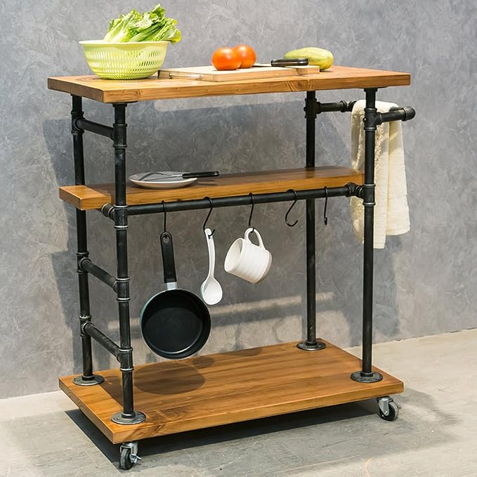 Industrial Portable Kitchen Island on Wheels,Bar Carts for the Home Wine Bar Beverage Coffee Cart,Metal Rolling kitchen carts and islands,Wood and Pipe 3-Tier Butcher Block Island Food Serving Cart-Ruum Studio Home