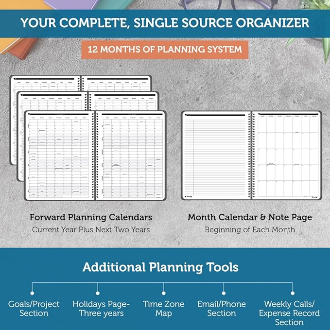 Planner Pad Spiral Bound 3-Tier Funnel Down 12 Month Organizer, October 2025 – September 2026, Black Cover/Black Ink, 8 1/2" x 11"-Ruum Studio Home