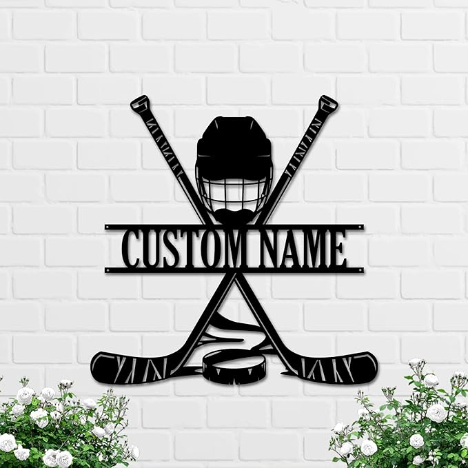 Hockey Metal Wall Art LED Sign – Custom Light Up Name Sign with Helmet & Sticks, 16-Color LED with Remote Control, Hockey Decor for Boys Room, Sports Fans-Ruum Studio Home