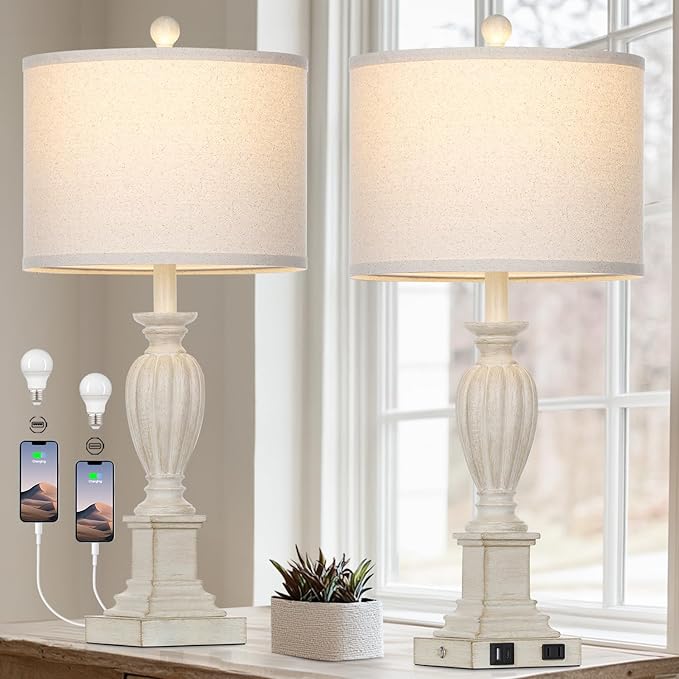 27" Farmhouse 3 Way Dimmable Touch Table Lamp Set of 2 Rustic Classic Bedside Nightstand Wood Lamps for Living Room Bedroom with USB C+A Ports Washed White (2 Bulbs Included)-Ruum Studio Home