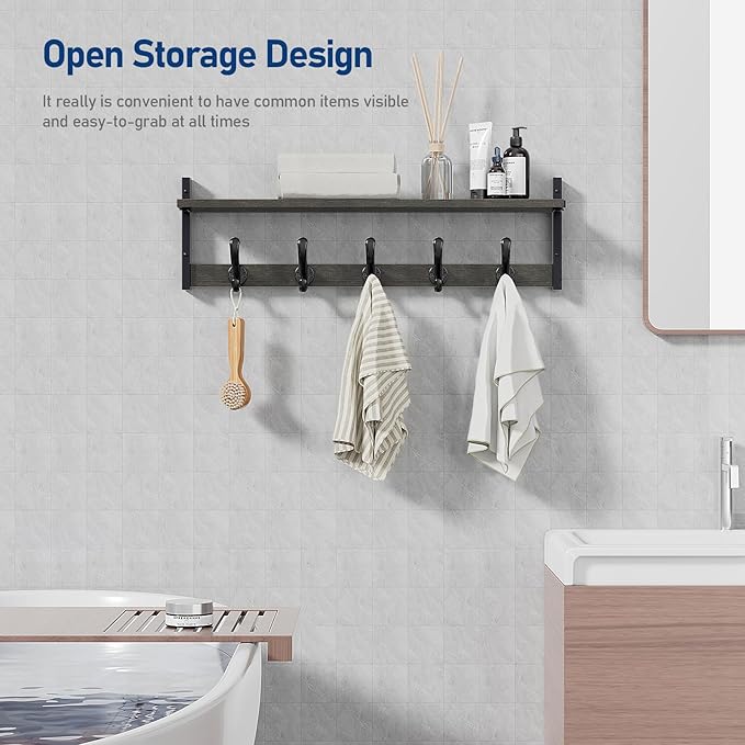 Tatub 29" Rustic Coat Rack Wall Mount with Shelf, Entryway Wall Hooks with Shelf, Coat Hangers for Bathroom, Living Room, Bedroom, Dark Grey-Ruum Studio Home