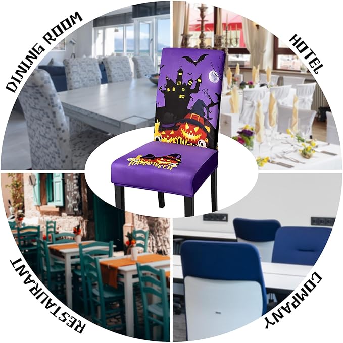 JQinHome Purple Halloween Chair Slipcover, Castle Chair Covers Set of 6, High Stretch Washable Chair Protector Cover for Dining Room, Kitchen,Home Party,Wedding Ceremony(Purple,6PC)-Ruum Studio Home