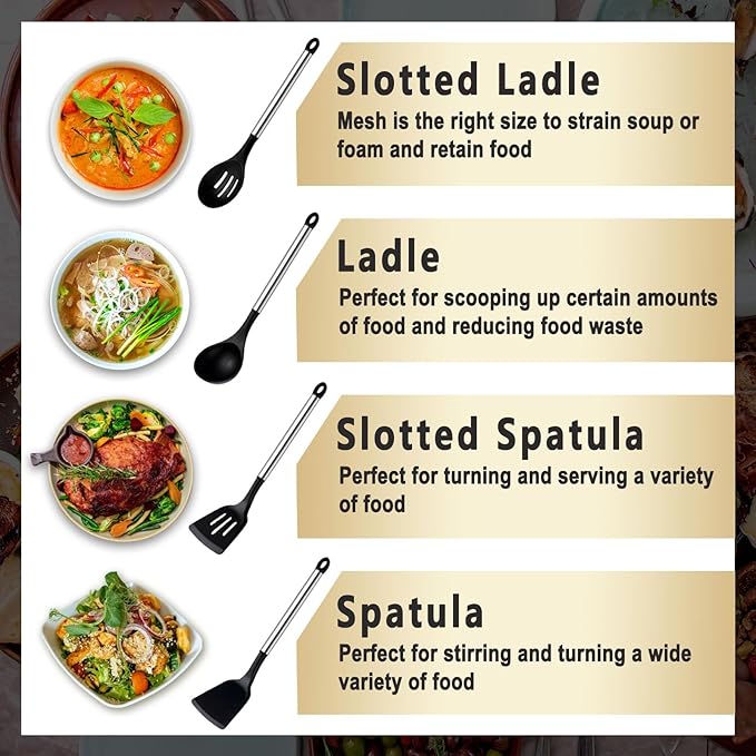 Pleafind 4-Pcs Silicone Cooking Utensils Set, Wok Utensils Set Include Wok Ladle, Slotted Spoon, Solid Spatula and Slotted Spatula, Silicone and Stainless Steel Kitchen Utensils, Dishwasher Safe-Ruum Studio Home