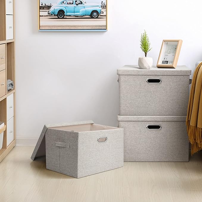 Large 17 36 Quart Collapsible Stackable Storage Bins with Lids, 1 Pack Beige Foldable Fabric Closet Storage Boxes with Lids, 4 Handles Toy Heavyduty Dark Gray Linen Storage Cube Box-Ruum Studio Home