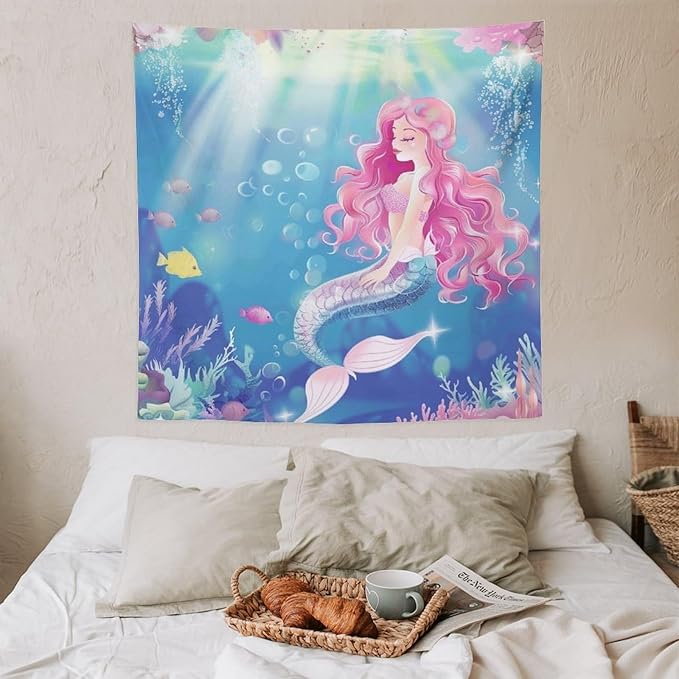 HZOHNAGO Mermaid Girls Tapestry Watercolor Mermaid Princess Pink Hair Pattern for Kids Room Decoration Printed Wall Tapestry Wall Hanging for Bedroom Living Room Dorm 60" W x 60" H-Ruum Studio Home