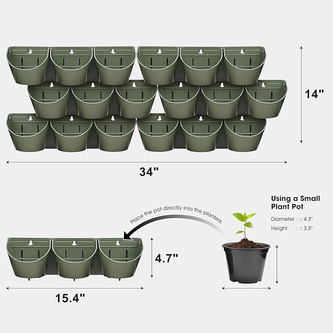 Worth Garden Upgraded 6 Sets (18 Pockets) Self Watering Stackable Vertical Planters - Wall Mounted Plastic Plant Grow Pots for Strawberries Flowers Herbs - Indoor Outdoor Green Wall Decoration (Green)-Ruum Studio Home