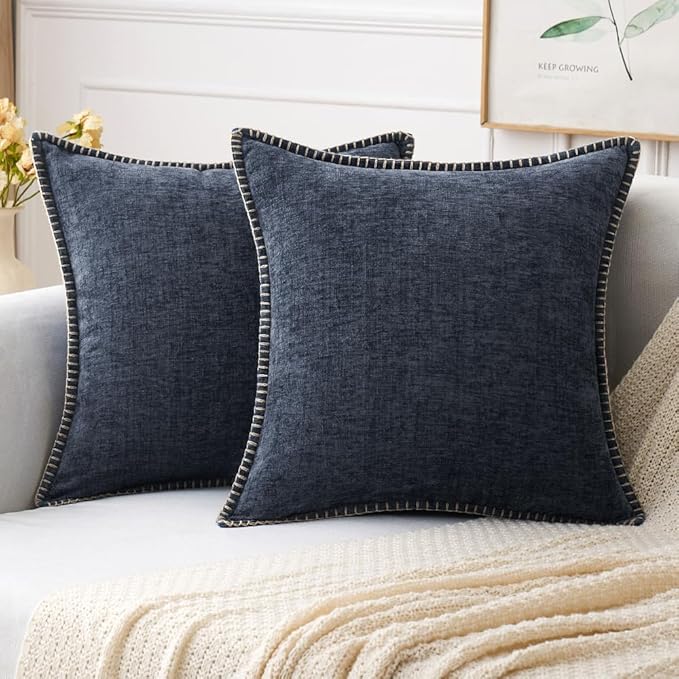 MIULEE Pack of 2 Couch Throw Pillow Covers 18x18 Inch Dark Blue Farmhouse Decorative Pillow Covers with Stitched Edge Soft Chenille Solid Dyed Spring Pillow Covers for Sofa Bed Living Room-Ruum Studio Home