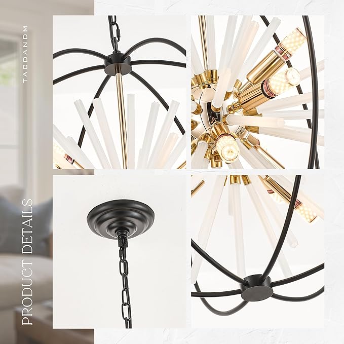 23.6" Black Gold 12-Light Globe Sputnik Chandelier Modern Adjustable Hanging Ceiling Glass Tube Pendant Light Fixture for Entryway Foyer Staircase Dining Living Room Hallway-Ruum Studio Home
