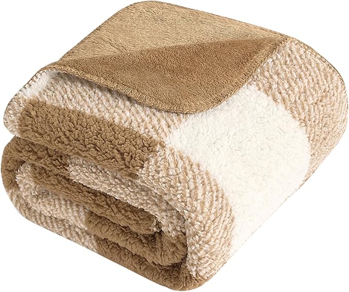 LURKA Checkered Sherpa Fleece Queen-Size Bed Blanket - Extra Thick and Warm Winter Soft Fuzzy Plush Blanket for Couches, Beds & Pets, Brown, 90x90 Inches-Ruum Studio Home