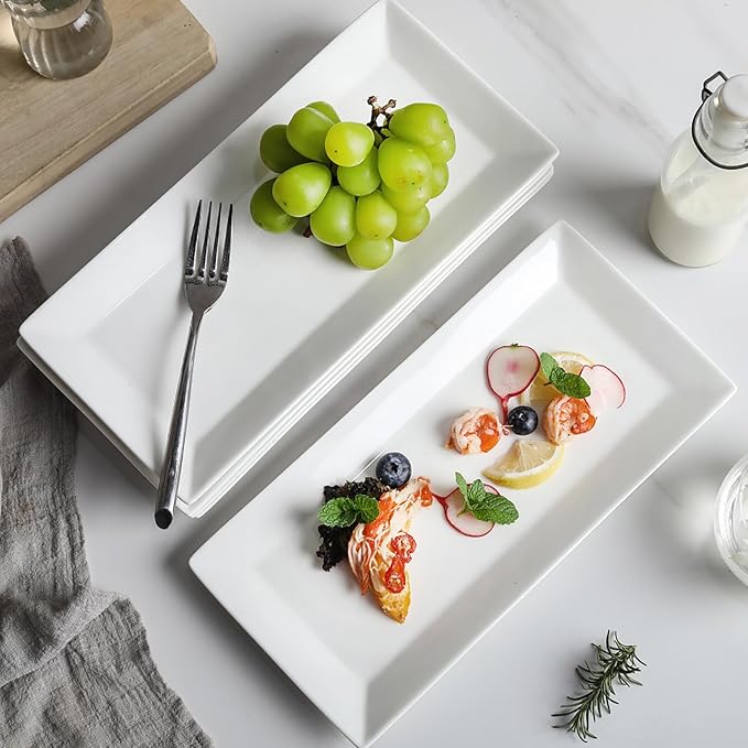 12" Serving Platters Set of 4, White Rectangular Plates, Ceramic Serving Tray, Stackable Large Party Plates for Appetizer, Dessert, Steak, Sushi, Housewarming, Oven Dishwasher Safe-Ruum Studio Home