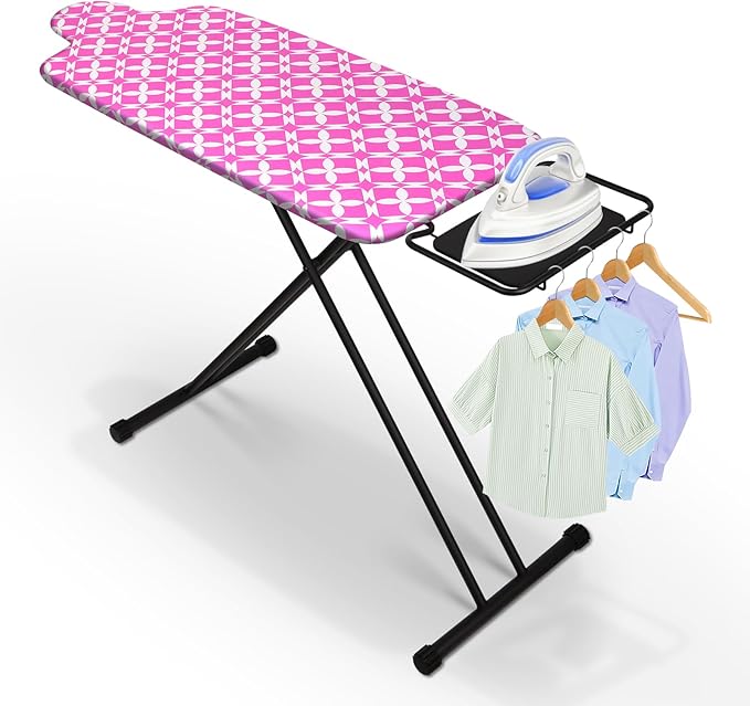 Extra Large Ironing Board with Hang Rail and Iron Rest 63" L x 20" W (Large with Iron Rest (Pink Cover))-Ruum Studio Home