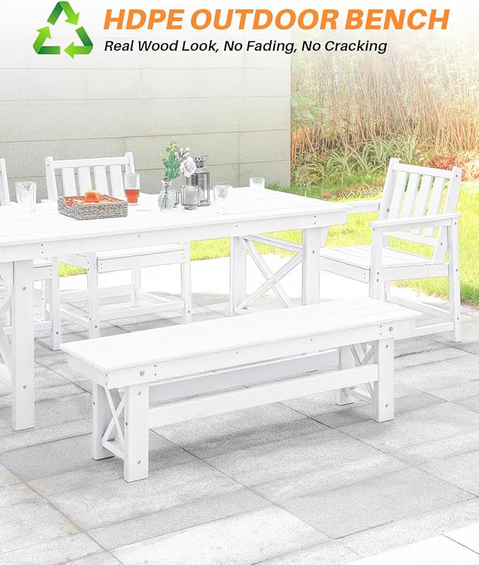 HDPE Outdoor Bench, 55" Patio Bench Outdoor Furniture, Poly Lumber Adirondack Benches, All Weather HDPE Patio Backless Benches for Park, Poolside, Garden, Porch, Pearl-Ruum Studio Home