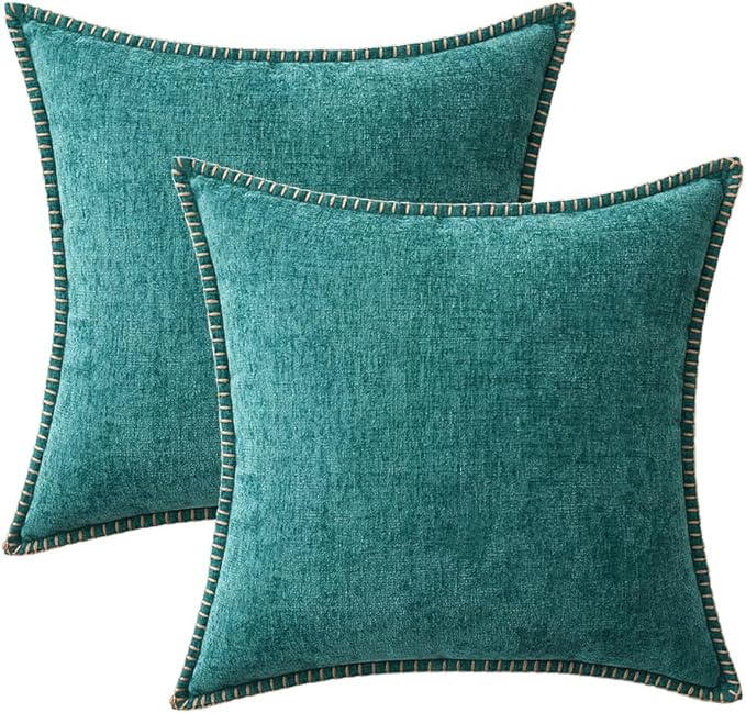 MIULEE Pack of 2 Couch Throw Pillow Covers 20x20 Inch Teal Farmhouse Decorative Pillow Covers with Stitched Edge Soft Chenille Solid Dyed Spring Pillow Covers for Sofa Bed Living Room-Ruum Studio Home