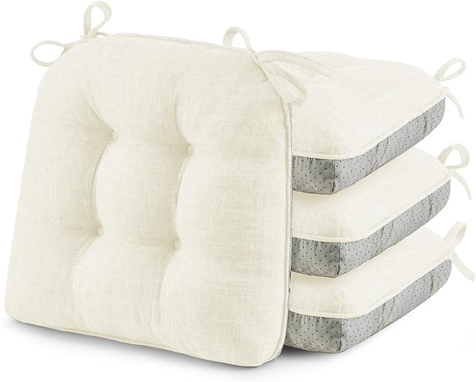 puredown® Chair Cushions for Dining Chairs, Tufted Memory Foam Chair Pads with Non-Slip Backing, Kitchen Seat Cushions with Ties, Washable Seat Pads Set of 4, 15.5" x 15.5" x 4", Ivory-Ruum Studio Home