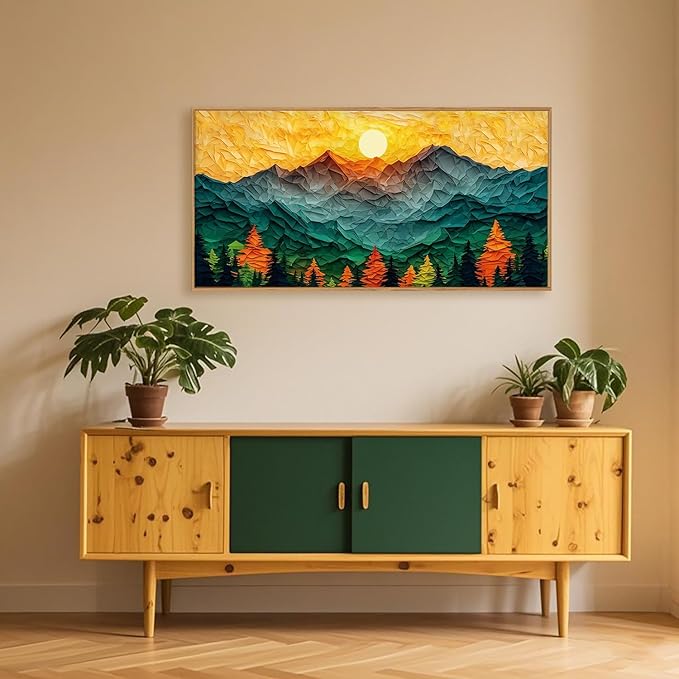 Abstract Sun Mountain Framed Canvas Wall Art Set, Forest Pine Tree Golden Sunset Wall Decor, Mixed Patchwork Landscape Art Print for Living Room, Bedroom, Dining Room, Office - 20"x40"-Ruum Studio Home