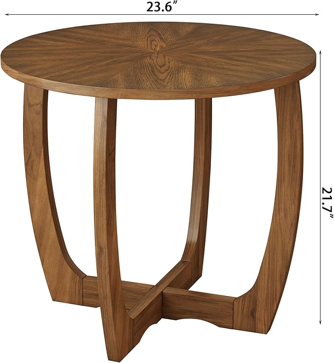 PADMA HOUSE Round Wood End Table with Curved Legs, Drum Circle Side Table with Snowflake Tabletop, Rounded Wooden Sofa Side Table, Brown Walnut Wood Tabletop & Legs 23.6" x 21.7"-Ruum Studio Home