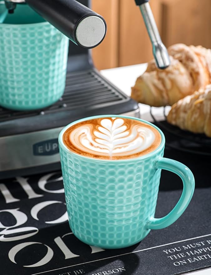 Ceramic Coffee Mugs 15 oz, Large Waffle Embossed Mug Set with Handle, Unique Coffee Cups for Latte, Cappuccino, Cocoa, Hot Tea, Mocha, Milk, Housewarming Wedding Present - Set of 6 (Turquoise)-Ruum Studio Home