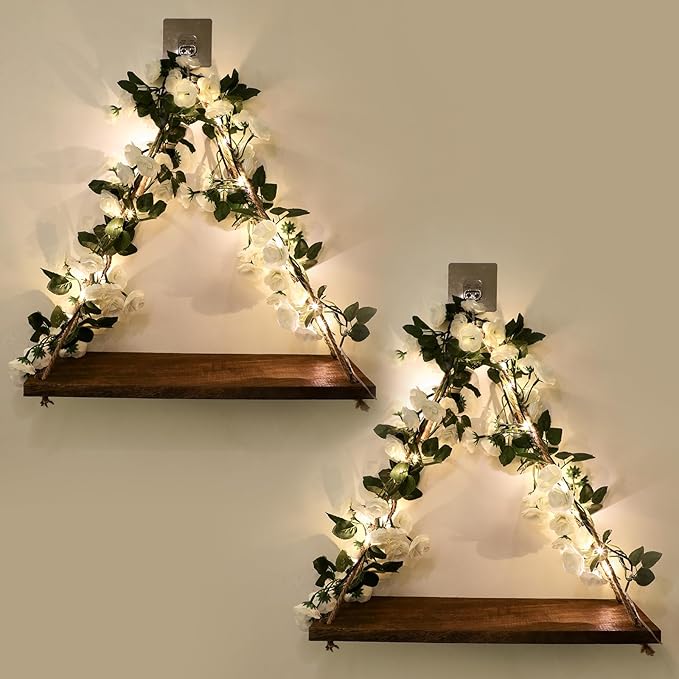 Floating Shelves for Wall,Plant Wall Decor,Hanging Shelf,Cottage Core Decor,Room Decor Aesthetic,Boho Room,Adhesive Shelves,Floating Shelves for No Drilling,Two-Piece Set(White Flower)-Ruum Studio Home