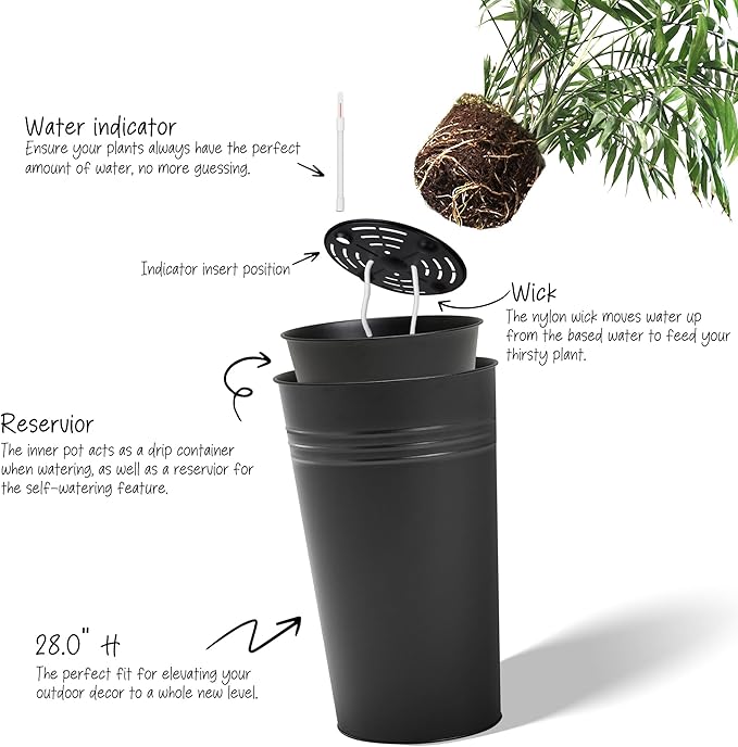 KOL 28'' Tall Galvanized Steel Planter Pot - Flower Pot with Water Level Indicator for Plants - 2-Pack Self Watering Planters - Round Black Powder Metal Planter Box - Indoor Outdoor Grande Plant-Ruum Studio Home