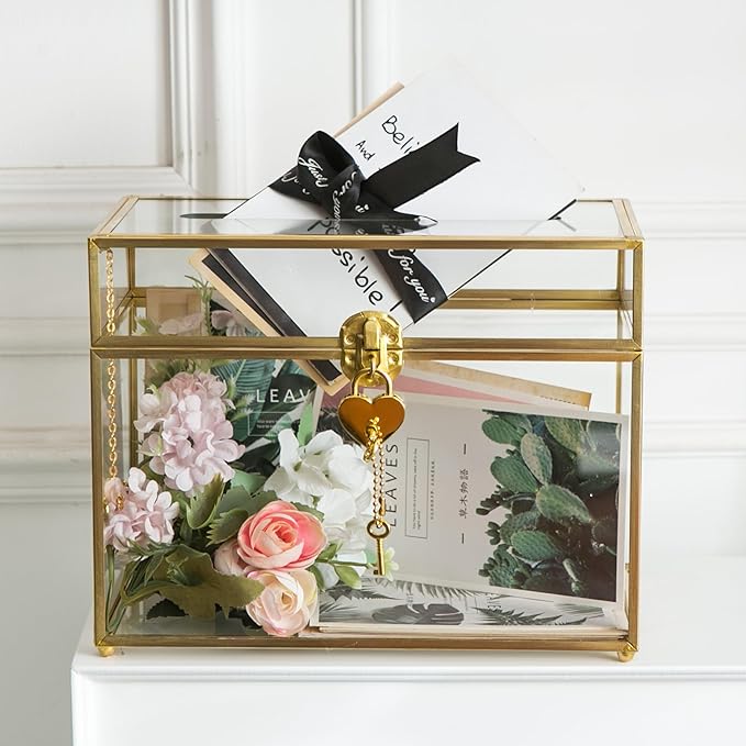 Glass Wedding Card Box with Slot, 10.2 inch Clear Card Box Gold Brass Gift Card Storage Box with Lock Perfect for Wedding Receptions, Baby Shower, Birthday Party, Bridal Shower-Ruum Studio Home