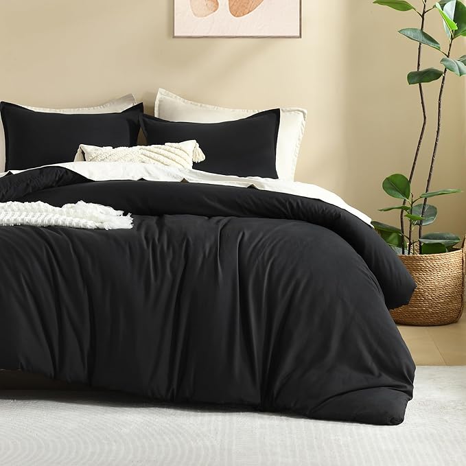 Litanika Black Comforter Full Size, 3 Pieces Boho Lightweight Solid Bedding Comforter Set, All Season Fluffy Bed Set (79x90In Comforter & 2 Pillowcases)-Ruum Studio Home