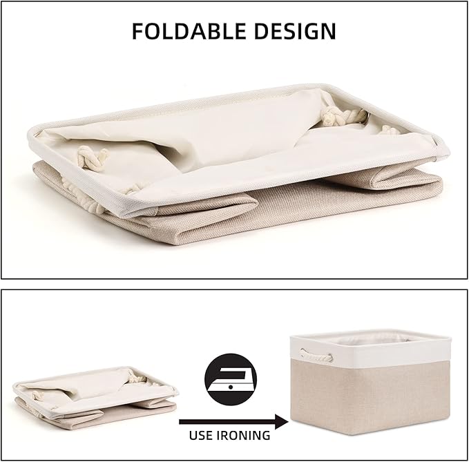 Bidtakay Large Fabric Baskets with Handles [3-Pack] Collapsible Storage Basket for Shelves 15 X 11 X 9.5 inches Canvas Bins for Closet Organization (White&Beige)-Ruum Studio Home