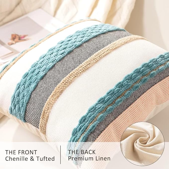 Boho Throw Pillow Covers 18x18 Set of 2 Farmhouse Decorative Cushion Case Striped Square Pillows Cover Chenille Pillow Cases Accent Neutral Pillowcase for Sofa Couch Bed,Blue-Ruum Studio Home