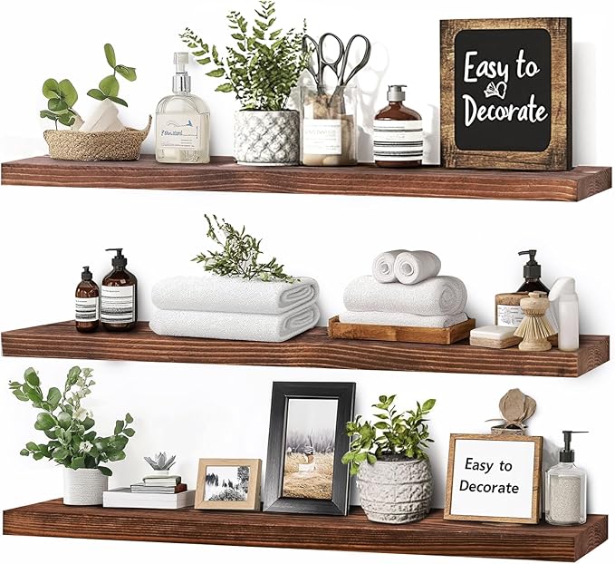 Floating Wall Shelves 3-Pack - 24-Inch Rustic Brown Wooden Shelves for Storage and Décor, Easy Installation for Living Room, Bedroom, and Kitchen-Ruum Studio Home