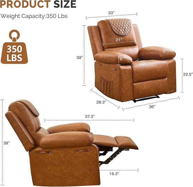 Recliner Chair with Electric Massage Adjustable Footrest & Heat, Manual Leather Recline for Adults Living Room Remote Control (Chestnut Brown)-Ruum Studio Home