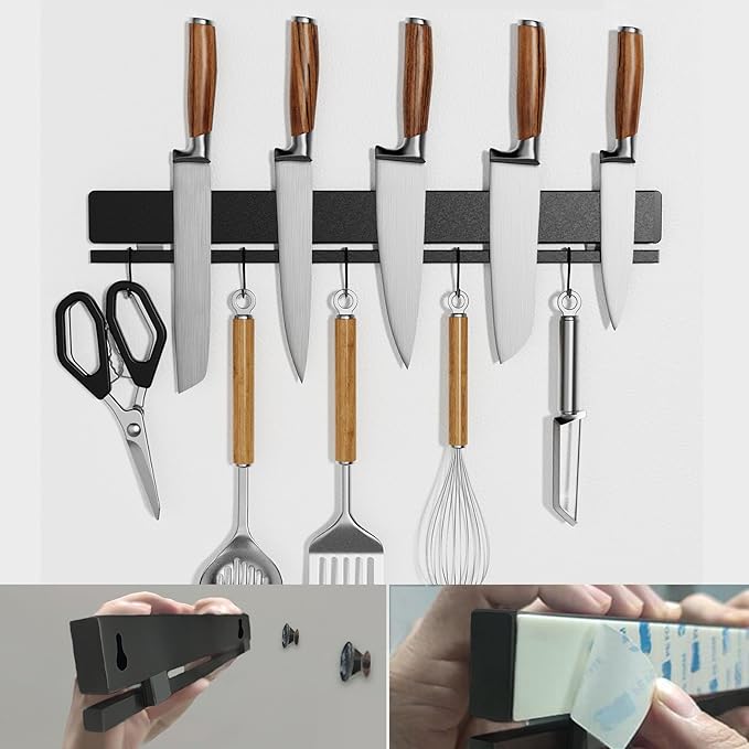 YIIYIIN 12 Inch Magnetic Knife Holder for Wall No Drill,Adhesive Knife Magnetic Strip with 6 Hooks,Kitchen Double Rods Stainless Steel Magnetic Utensil Holder(Black)-Ruum Studio Home