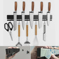 YIIYIIN 12 Inch Magnetic Knife Holder for Wall No Drill,Adhesive Knife Magnetic Strip with 6 Hooks,Kitchen Double Rods Stainless Steel Magnetic Utensil Holder(Black)-Ruum Studio Home