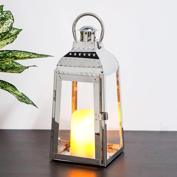 TRIROCKS Stainless Steel Candle Lanterns 12''H Decorative Candle Holders with Tempered Glass for Indoor Outdoor Porch Garden Parities and Wedding(Silver)-Ruum Studio Home