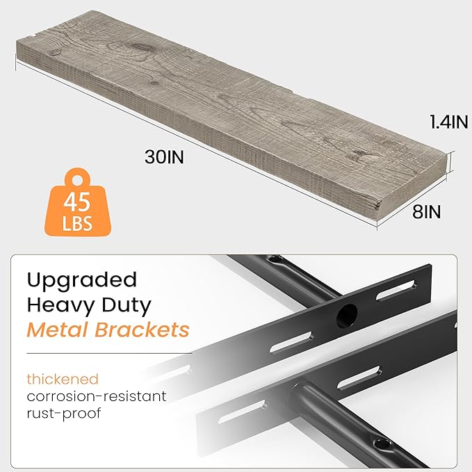 Fun Memories Floating Shelves for Wall Decor, 30"x8" Rustic Reclaimed Wood Shelves, Heavy-Duty Wall Mounted Shelves with Invisible Brackets, Set of 2for Living Room, Bedroom, Kitchen, Grey Finish-Ruum Studio Home